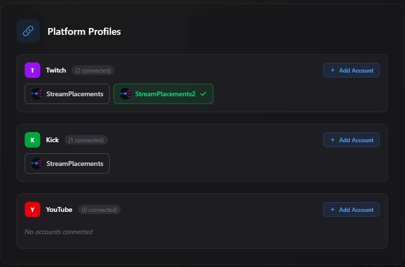 Connecting multiple streaming profiles on StreamPlacements for Twitch, Kick, and YouTube