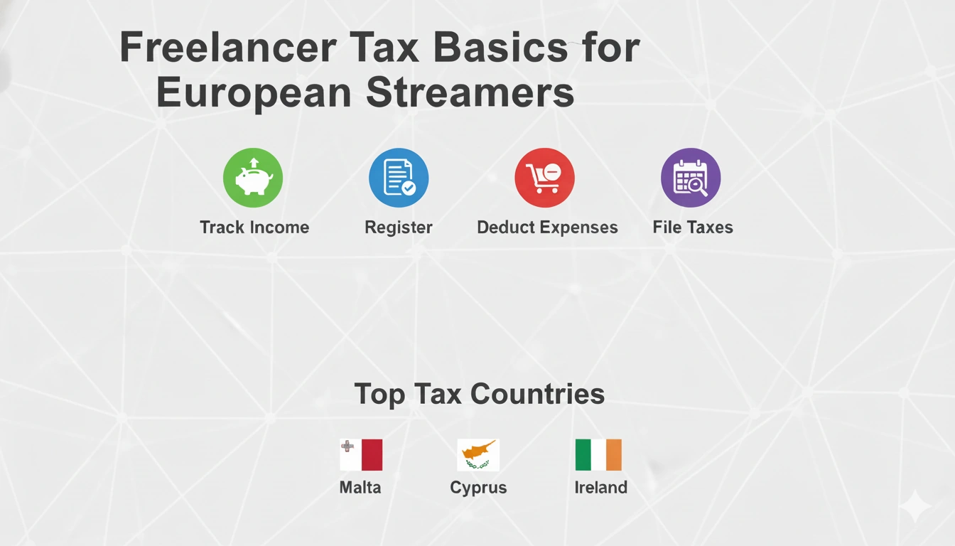 Infographic showing tax basics for European streamers including Malta, Cyprus, and Estonia