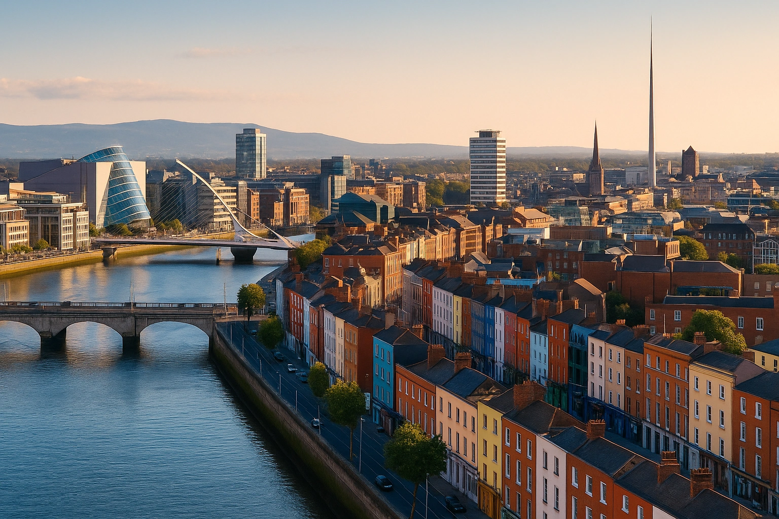 Modern Dublin skyline with River Liffey and Samuel Beckett Bridge