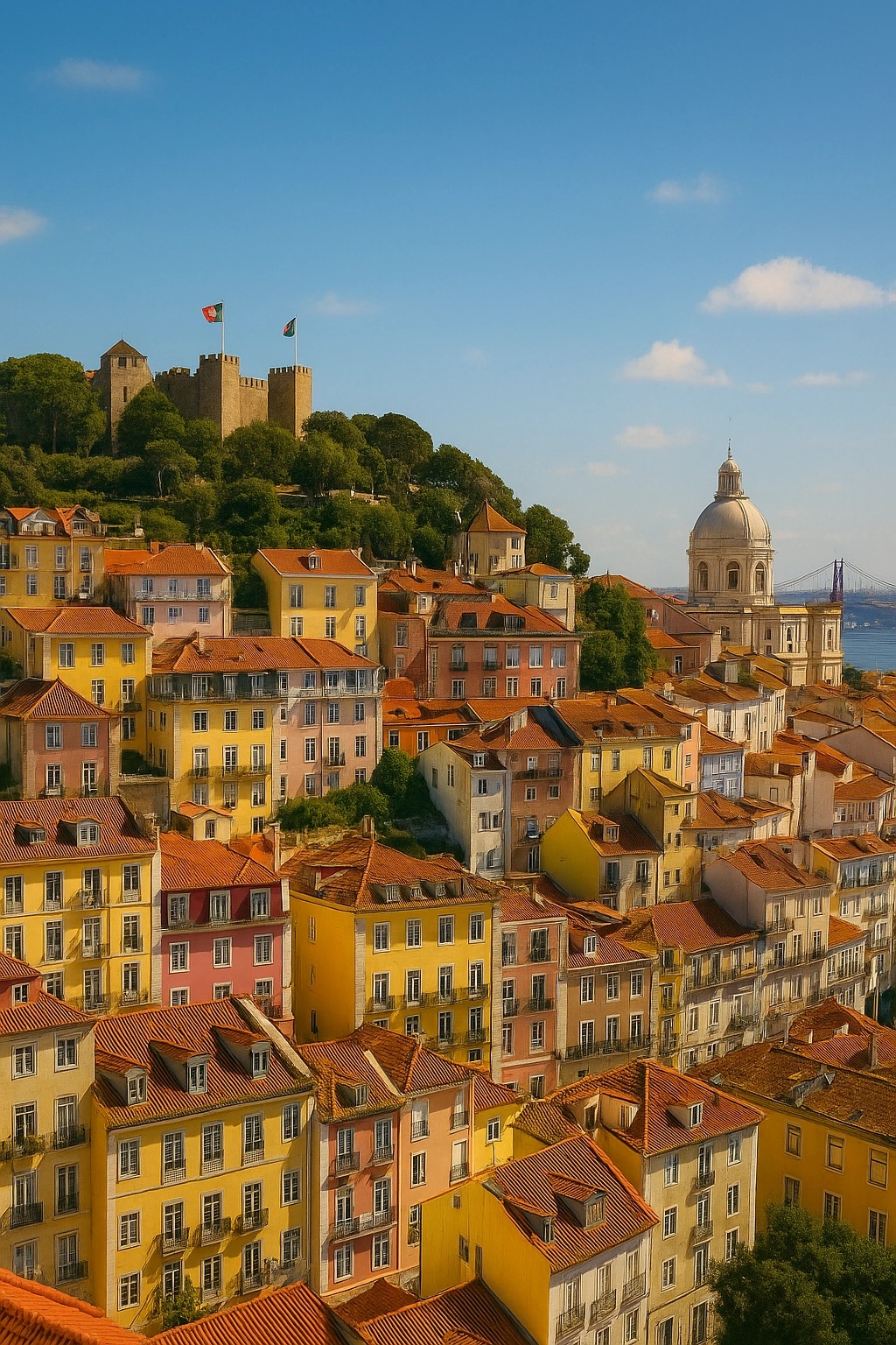 Lisbon cityscape with colorful houses and the Tagus River